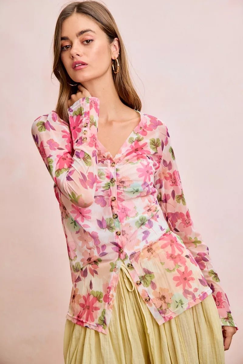 BiBi Floral Shrried Detail Button Up Mesh Cardigan Top - Bitsy Gypsy Boutique