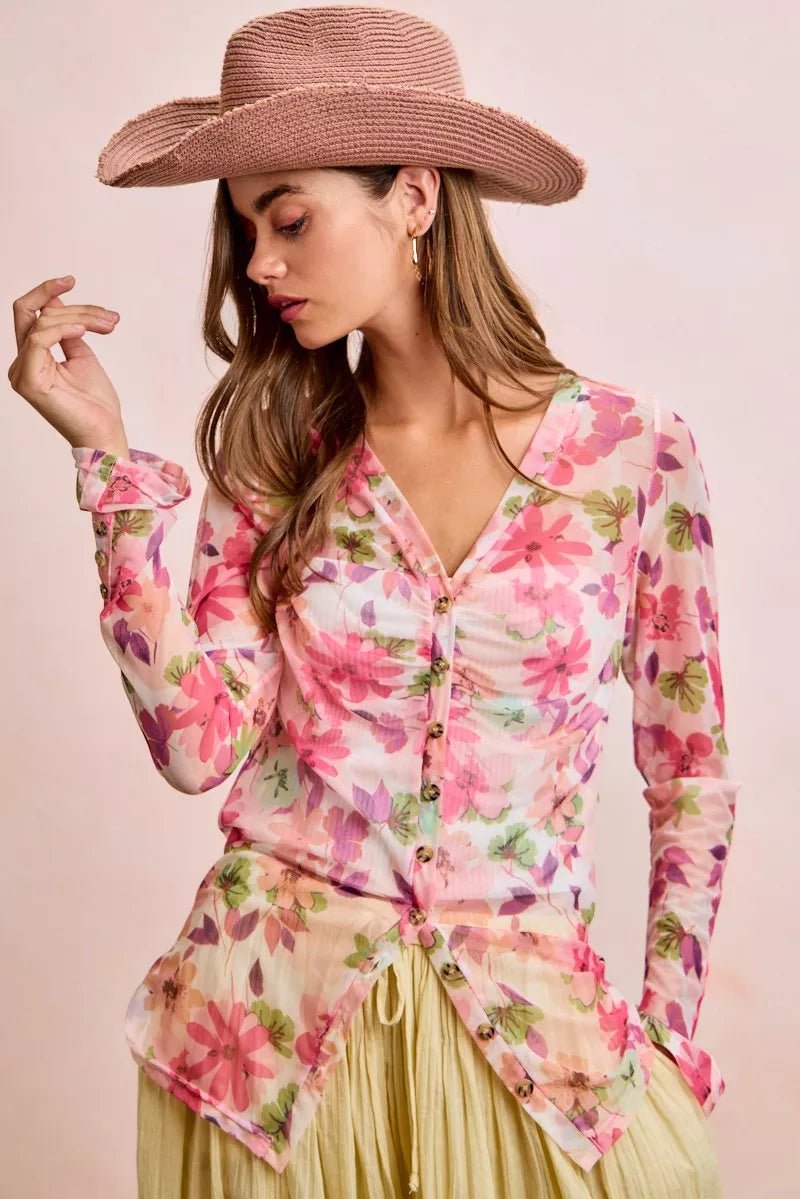 BiBi Floral Shrried Detail Button Up Mesh Cardigan Top - Bitsy Gypsy Boutique