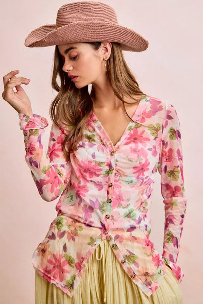 BiBi Floral Shrried Detail Button Up Mesh Cardigan Top - Bitsy Gypsy Boutique