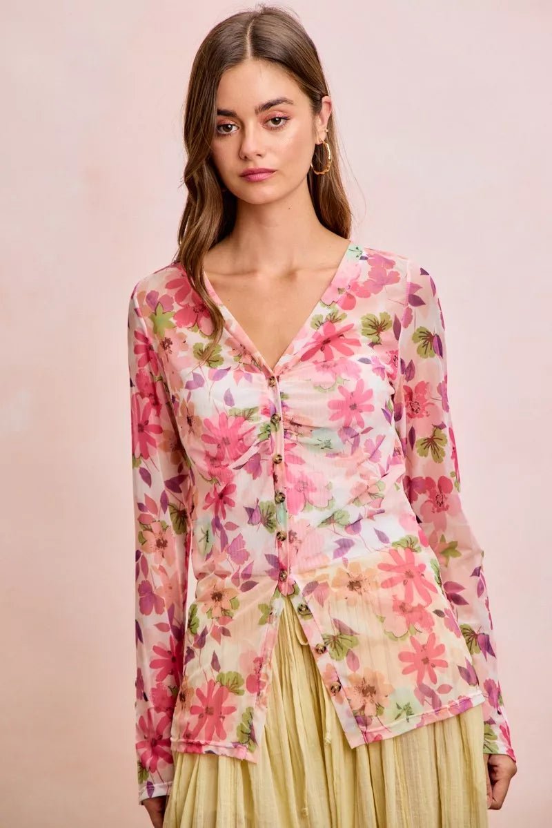 BiBi Floral Shrried Detail Button Up Mesh Cardigan Top - Bitsy Gypsy Boutique