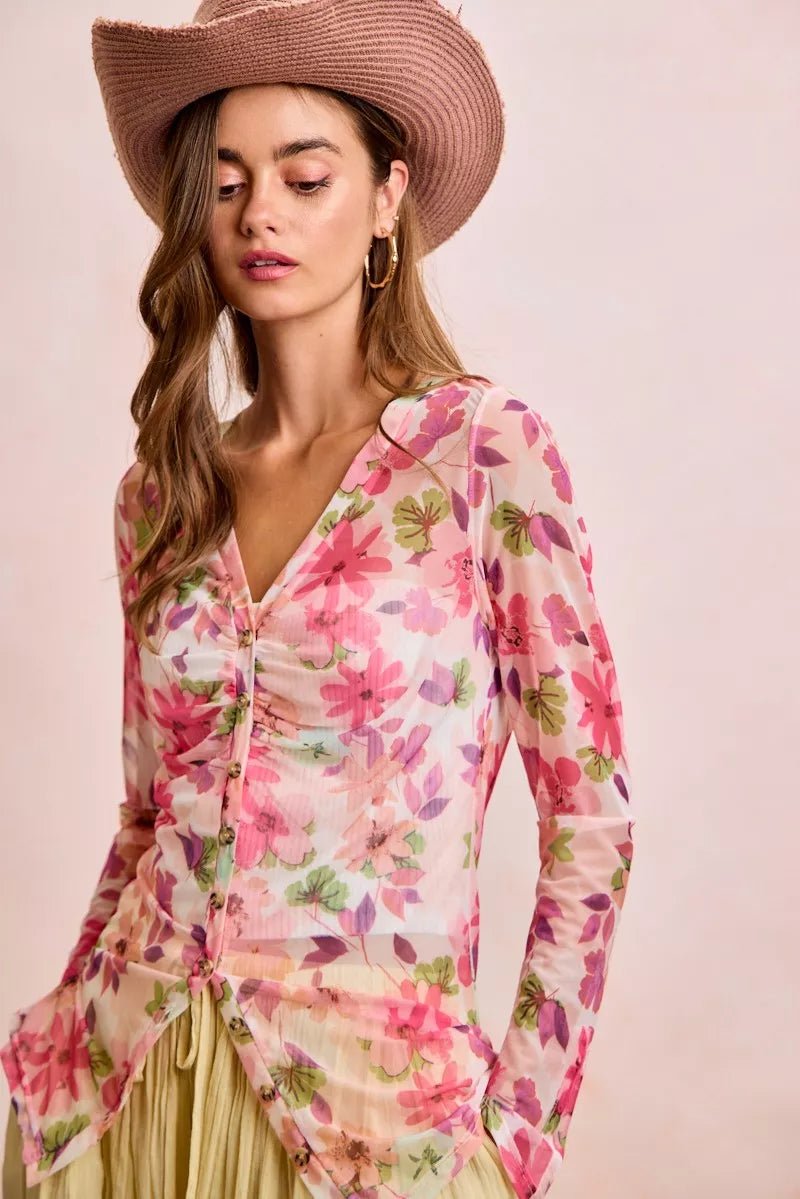 BiBi Floral Shrried Detail Button Up Mesh Cardigan Top - Bitsy Gypsy Boutique