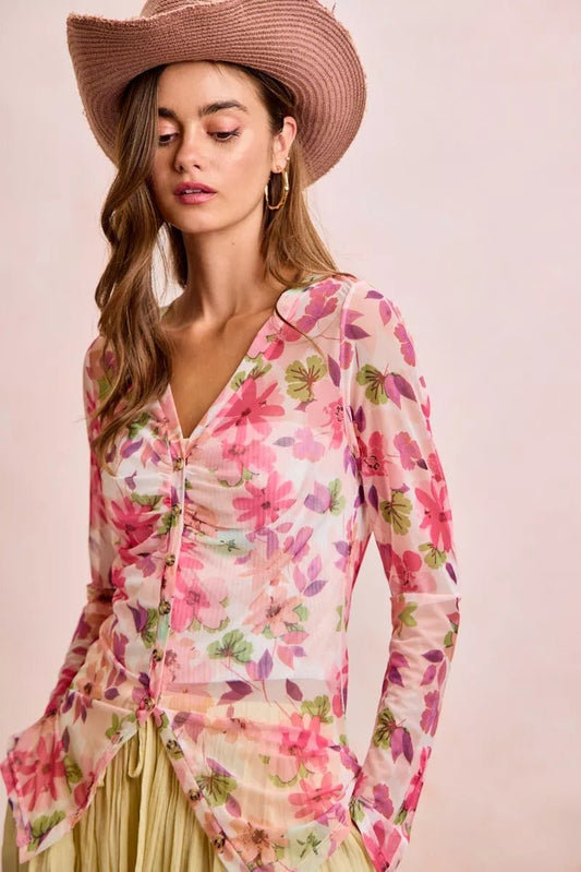 BiBi Floral Shrried Detail Button Up Mesh Cardigan Top - Bitsy Gypsy Boutique