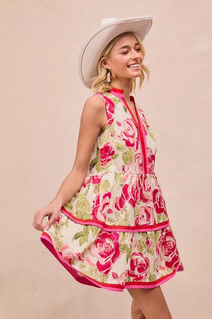 BiBi Floral Woven Contrast Edge Tiered Ruffle Mini Dress - Bitsy Gypsy Boutique