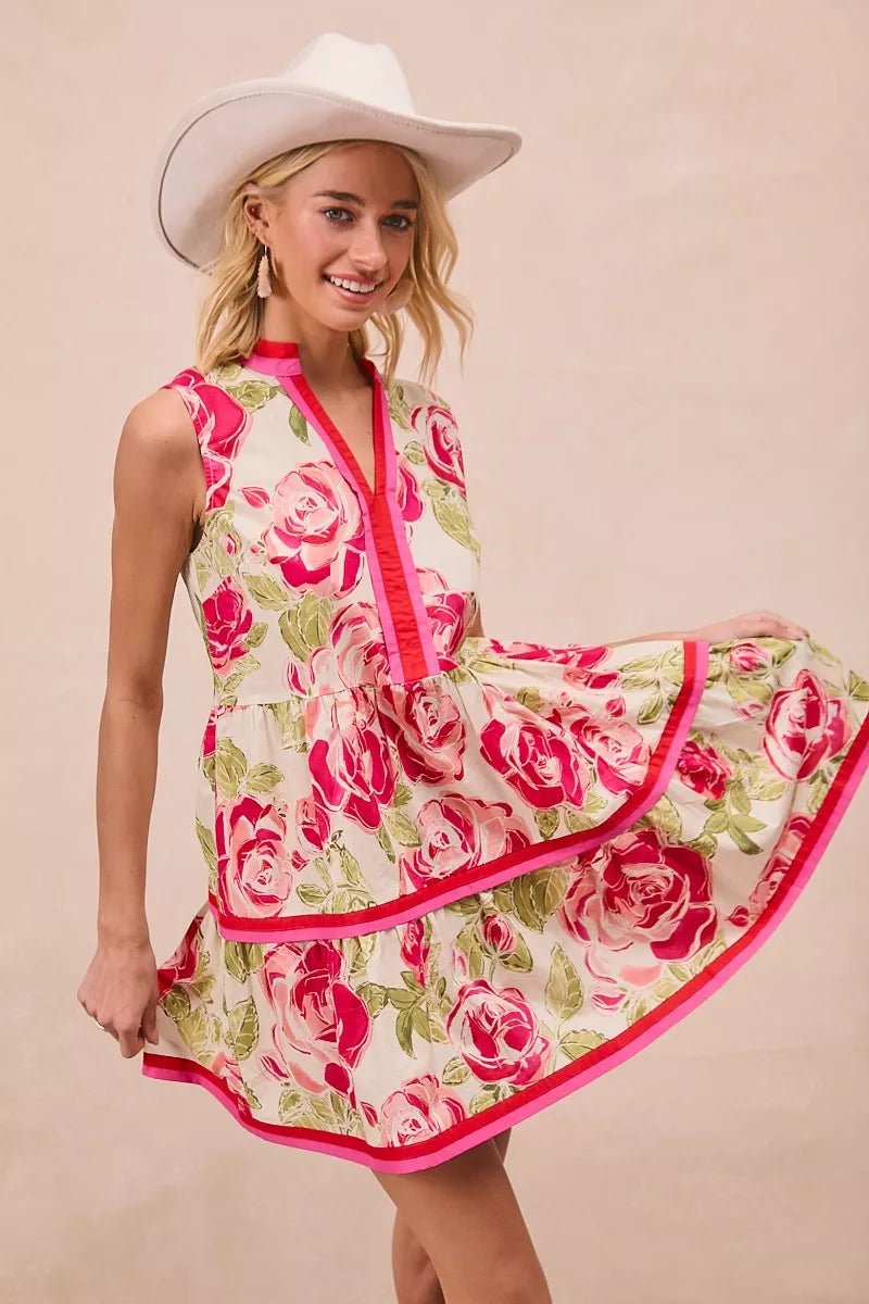 BiBi Floral Woven Contrast Edge Tiered Ruffle Mini Dress - Bitsy Gypsy Boutique