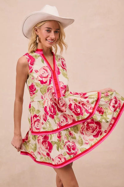 BiBi Floral Woven Contrast Edge Tiered Ruffle Mini Dress - Bitsy Gypsy Boutique