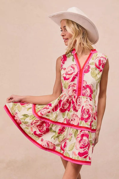 BiBi Floral Woven Contrast Edge Tiered Ruffle Mini Dress - Bitsy Gypsy Boutique