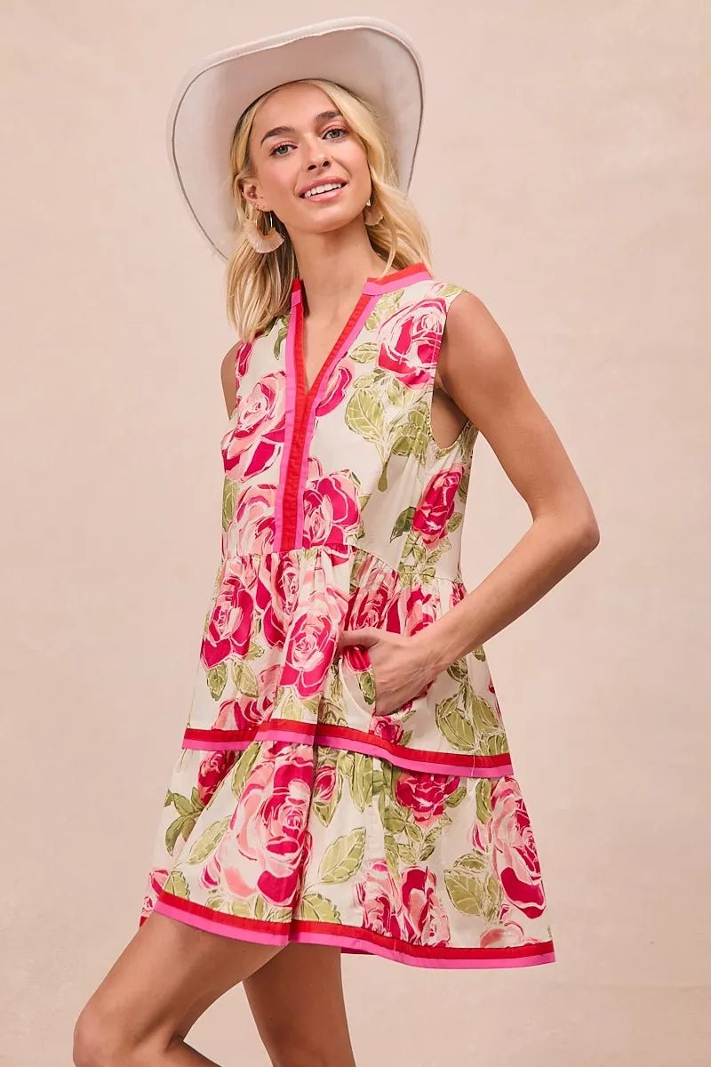 BiBi Floral Woven Contrast Edge Tiered Ruffle Mini Dress - Bitsy Gypsy Boutique
