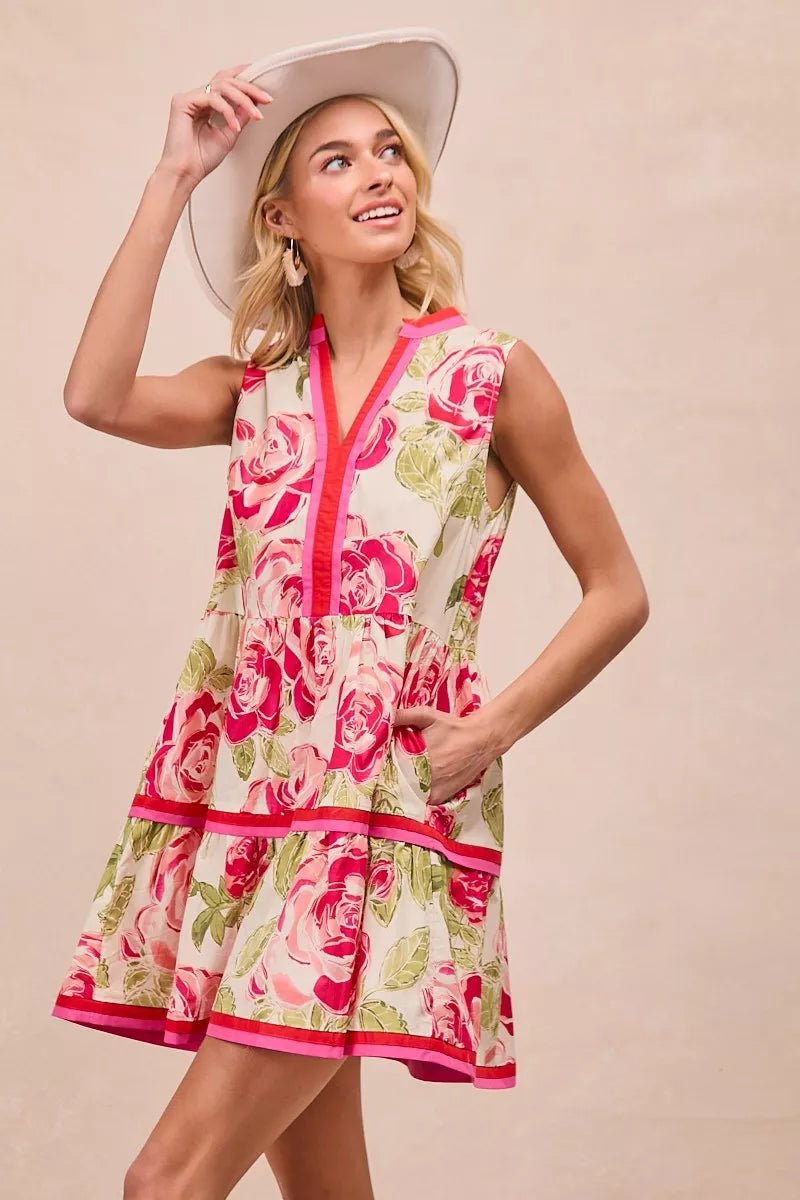 BiBi Floral Woven Contrast Edge Tiered Ruffle Mini Dress - Bitsy Gypsy Boutique