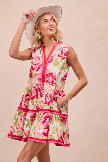 BiBi Floral Woven Contrast Edge Tiered Ruffle Mini Dress - Bitsy Gypsy Boutique