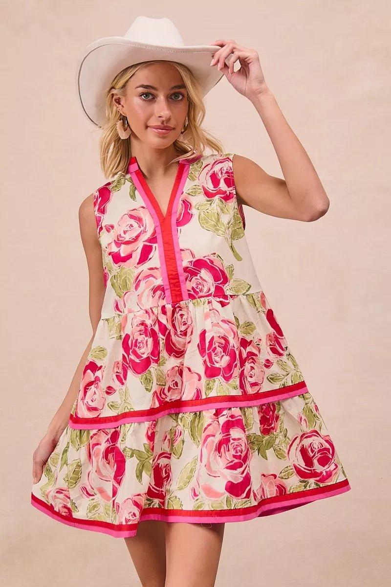 BiBi Floral Woven Contrast Edge Tiered Ruffle Mini Dress - Bitsy Gypsy Boutique