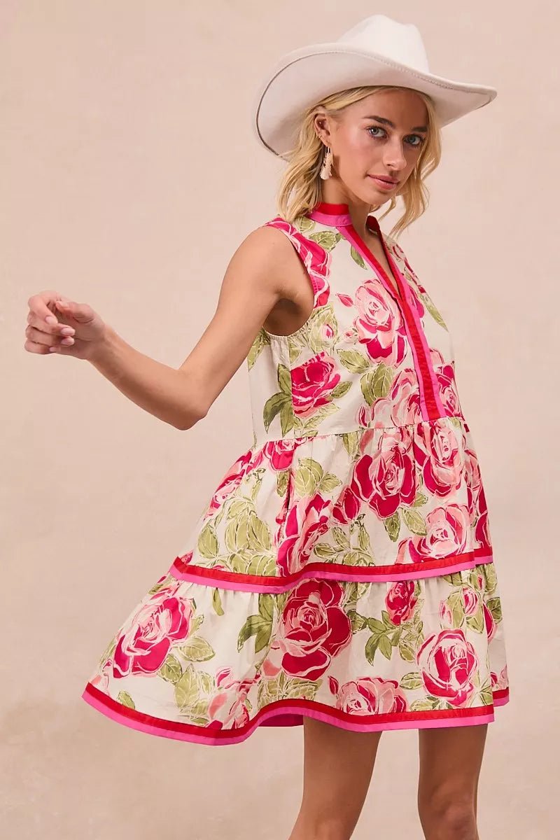 BiBi Floral Woven Contrast Edge Tiered Ruffle Mini Dress - Bitsy Gypsy Boutique