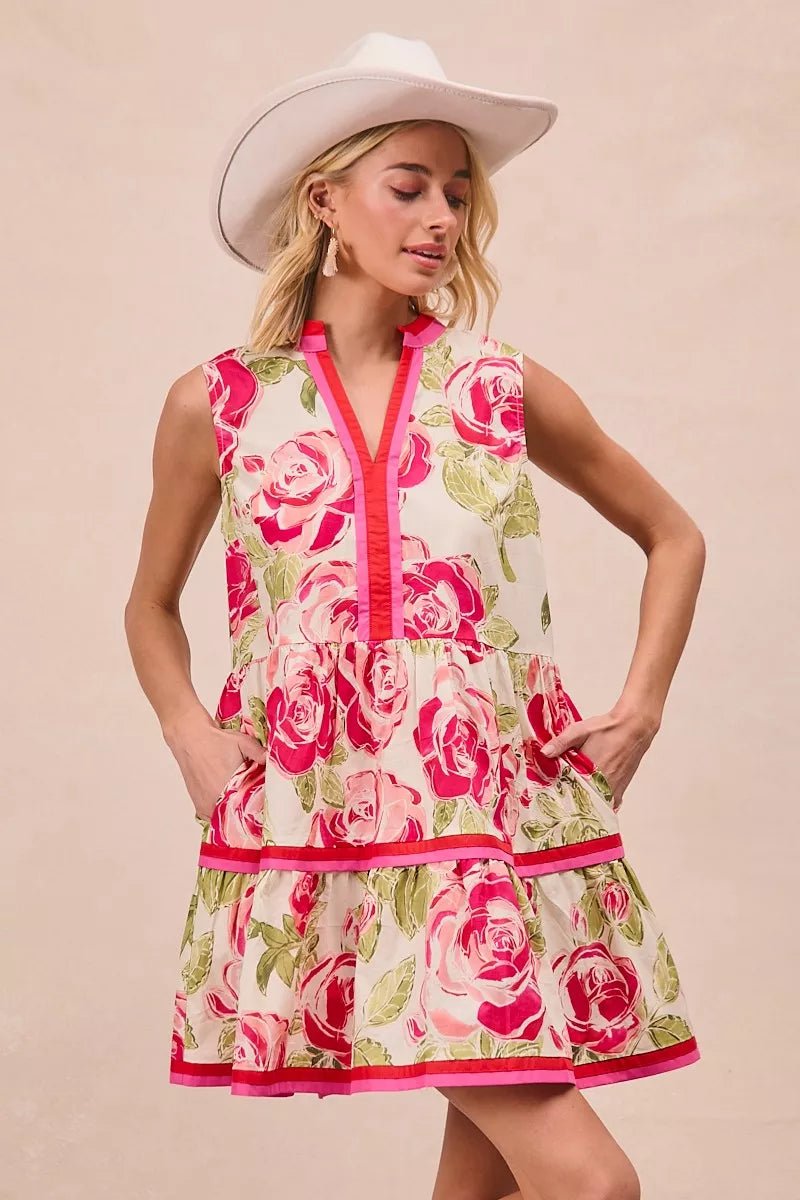 BiBi Floral Woven Contrast Edge Tiered Ruffle Mini Dress - Bitsy Gypsy Boutique