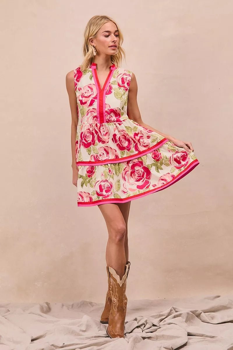 BiBi Floral Woven Contrast Edge Tiered Ruffle Mini Dress - Bitsy Gypsy Boutique