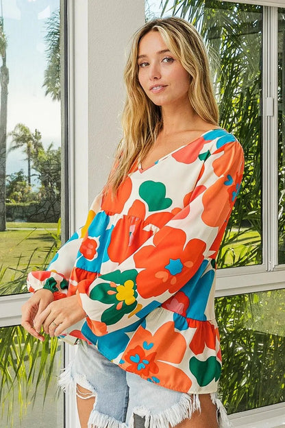 BiBi Floral Woven Tiered V Neck Top - Bitsy Gypsy Boutique