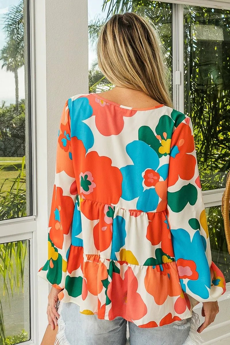 BiBi Floral Woven Tiered V Neck Top - Bitsy Gypsy Boutique