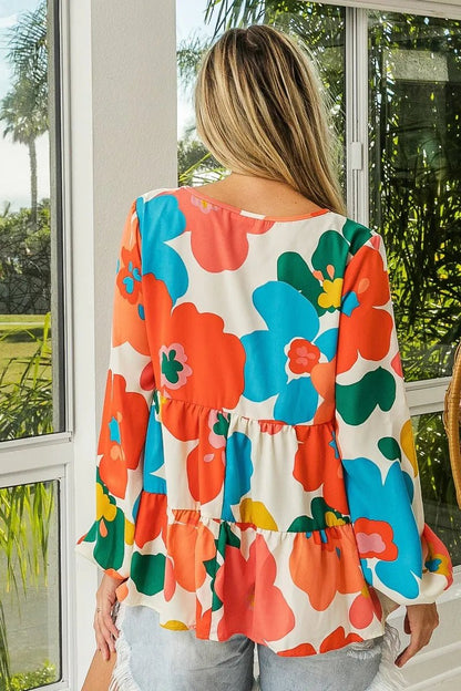 BiBi Floral Woven Tiered V Neck Top - Bitsy Gypsy Boutique