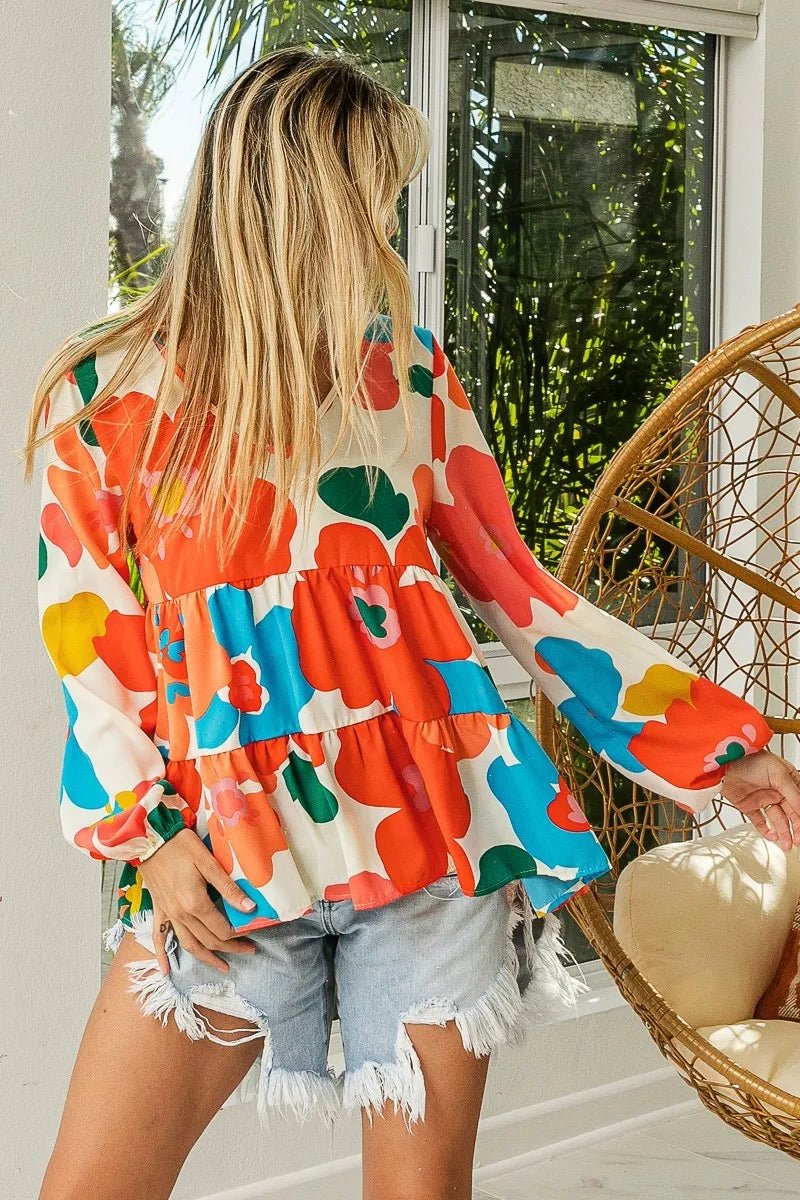 BiBi Floral Woven Tiered V Neck Top - Bitsy Gypsy Boutique