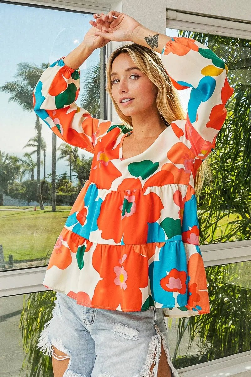 BiBi Floral Woven Tiered V Neck Top - Bitsy Gypsy Boutique