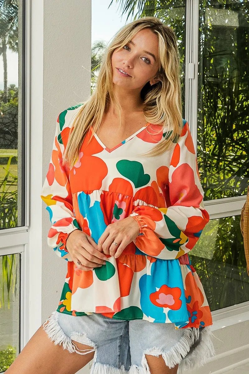 BiBi Floral Woven Tiered V Neck Top - Bitsy Gypsy Boutique