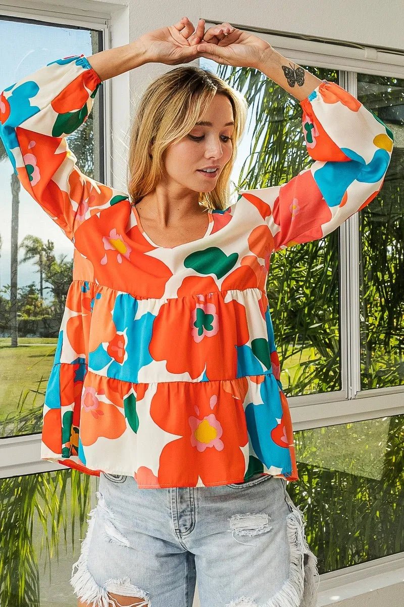 BiBi Floral Woven Tiered V Neck Top - Bitsy Gypsy Boutique