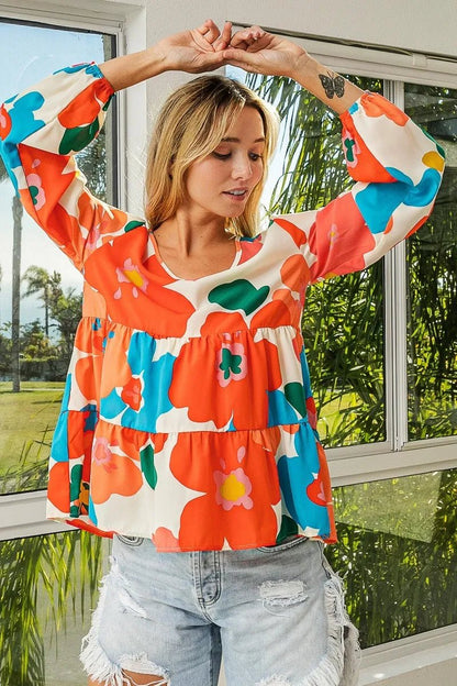 BiBi Floral Woven Tiered V Neck Top - Bitsy Gypsy Boutique