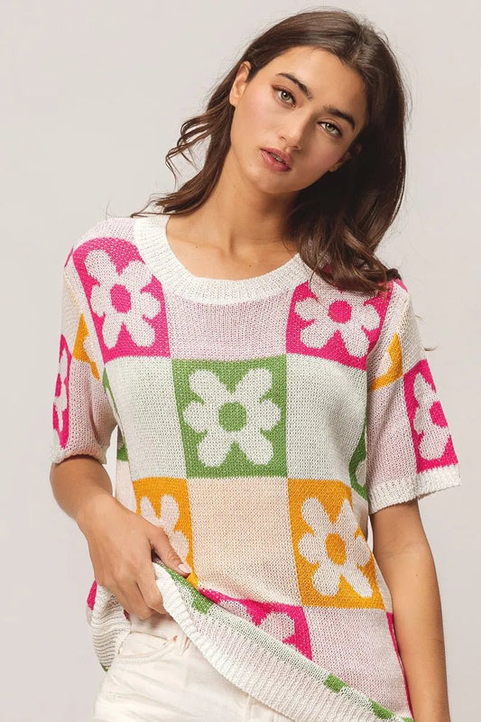 BiBi Flower Checker Pattern Lightweight Sweater Top - Bitsy Gypsy Boutique