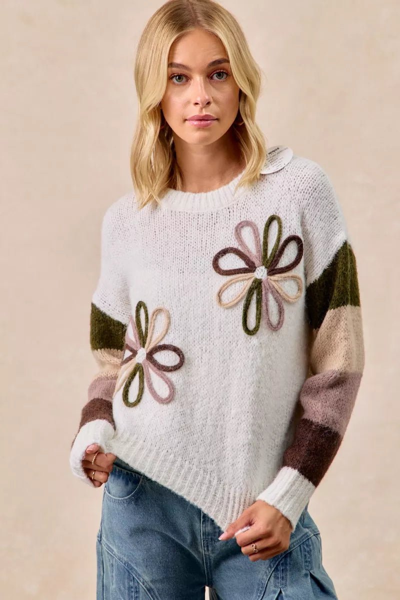 BiBi Flower Color Block Sweater - Bitsy Gypsy Boutique