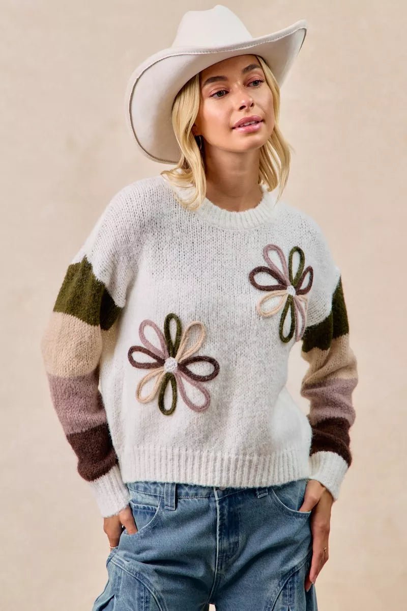 BiBi Flower Color Block Sweater - Bitsy Gypsy Boutique