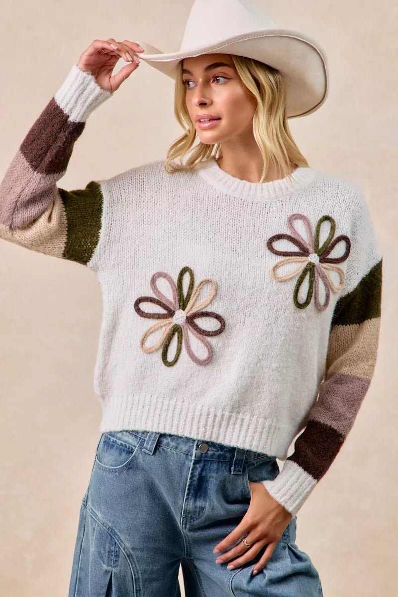 BiBi Flower Color Block Sweater - Bitsy Gypsy Boutique