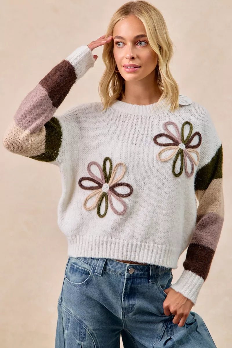 BiBi Flower Color Block Sweater - Bitsy Gypsy Boutique