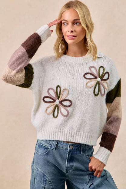 BiBi Flower Color Block Sweater - Bitsy Gypsy Boutique
