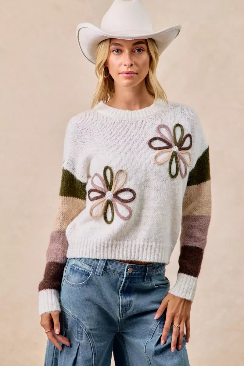 BiBi Flower Color Block Sweater - Bitsy Gypsy Boutique