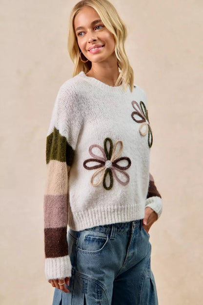 BiBi Flower Color Block Sweater - Bitsy Gypsy Boutique