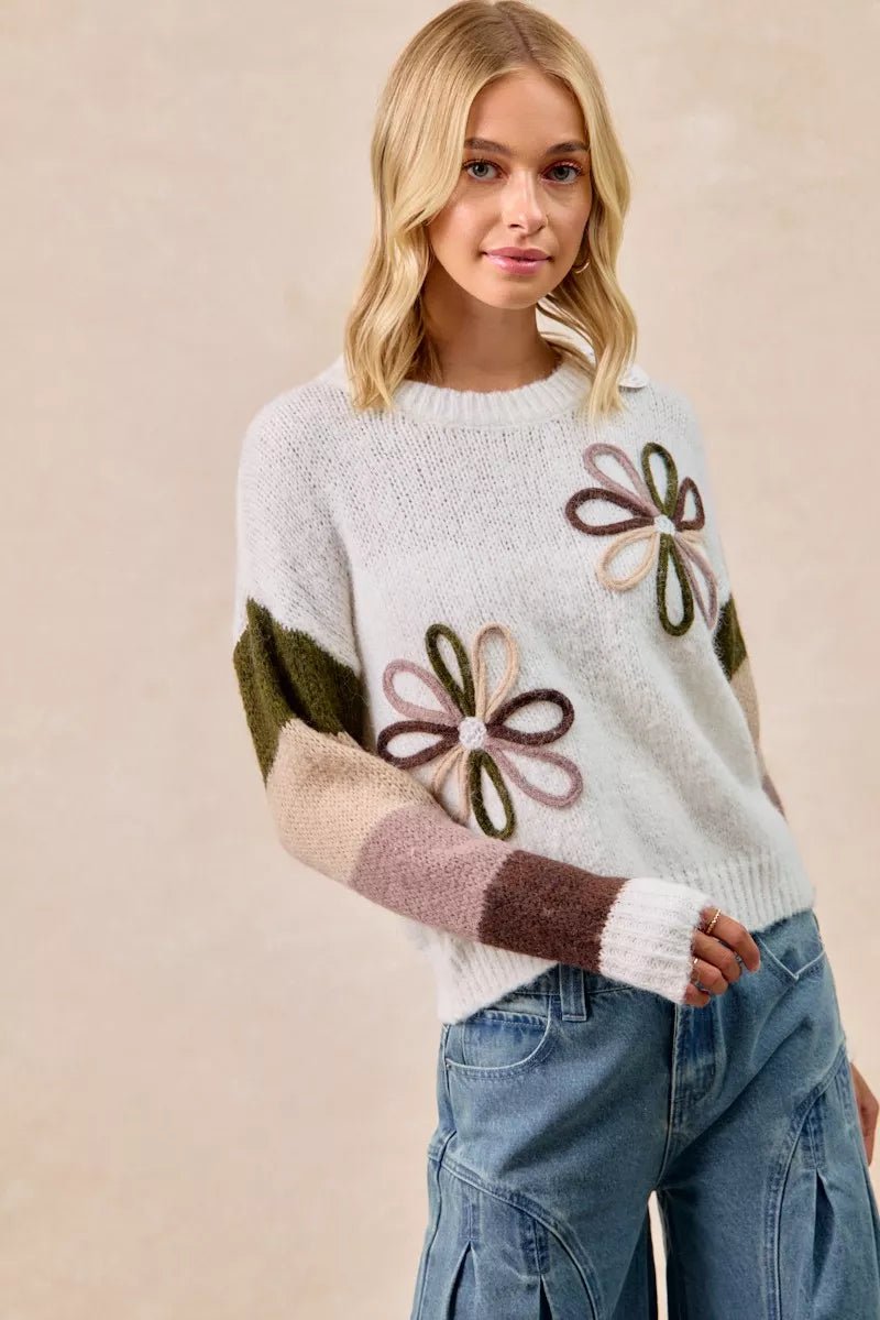 BiBi Flower Color Block Sweater - Bitsy Gypsy Boutique