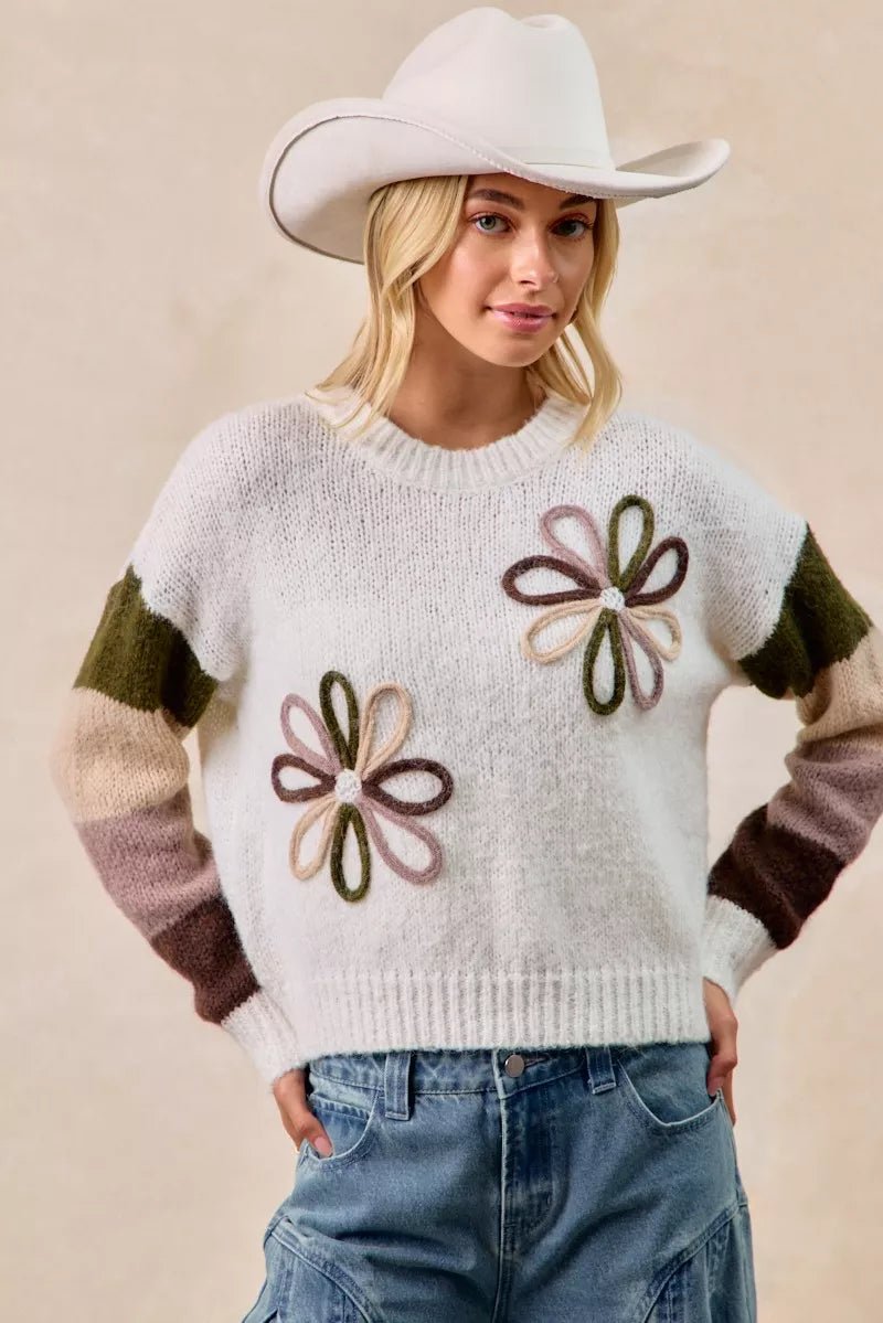 BiBi Flower Color Block Sweater - Bitsy Gypsy Boutique