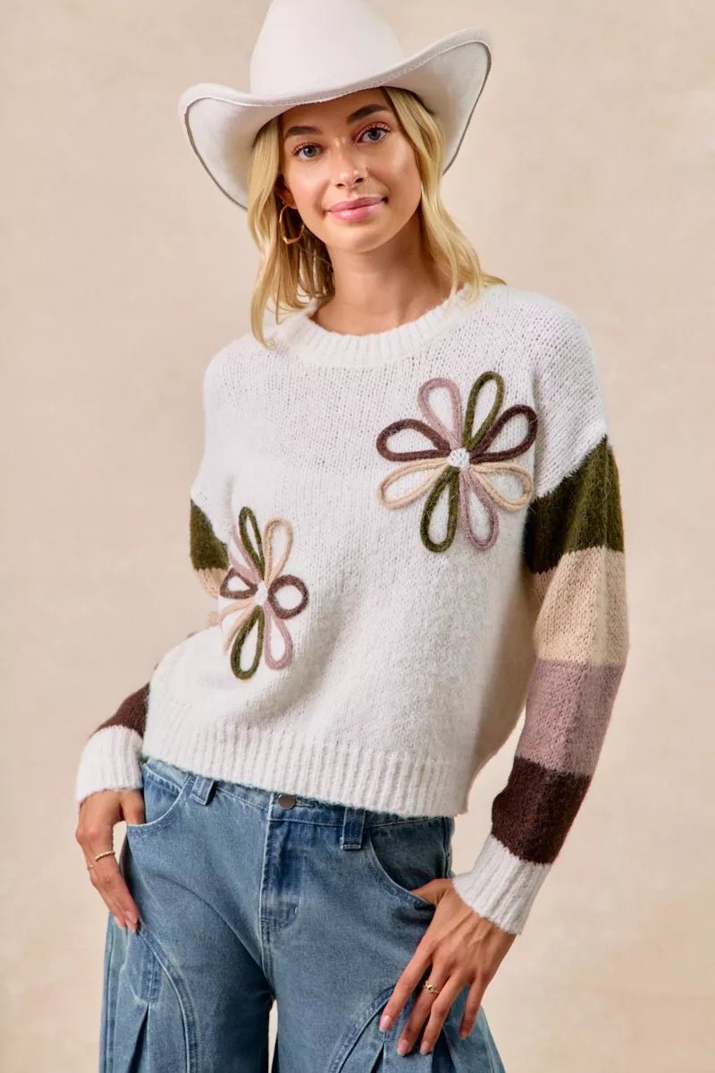 BiBi Flower Color Block Sweater - Bitsy Gypsy Boutique