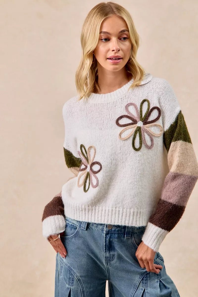 BiBi Flower Color Block Sweater - Bitsy Gypsy Boutique