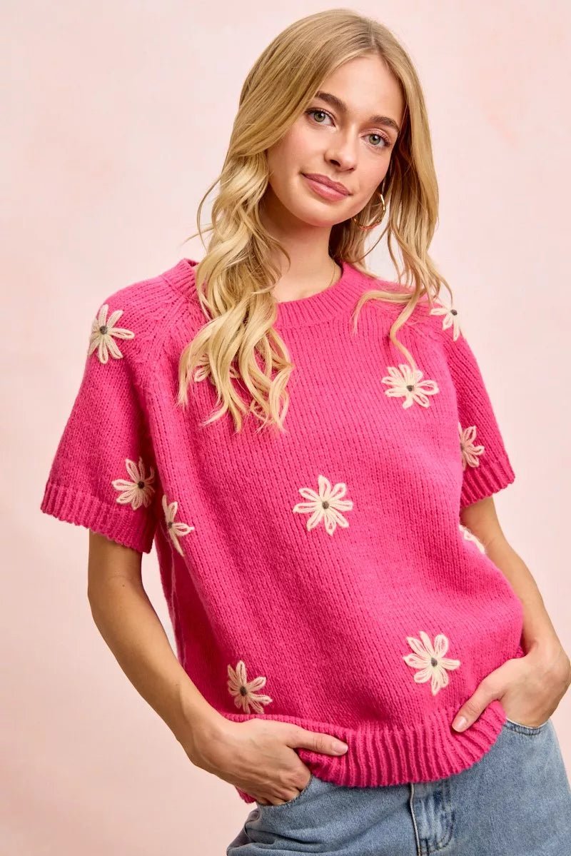 BiBi Flower Embroidered Short Sleeves Knit Top - Bitsy Gypsy Boutique