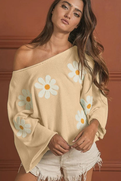 BiBi Flower Embroidery Loose Fit Knit Top - Bitsy Gypsy Boutique