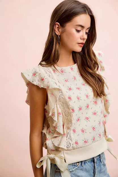BiBi Flower Printed Ruffle Sleeve Trim Detail Top - Bitsy Gypsy Boutique