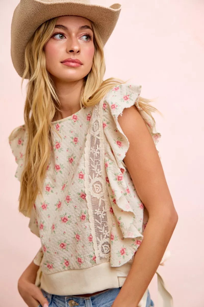 BiBi Flower Printed Ruffle Sleeve Trim Detail Top - Bitsy Gypsy Boutique
