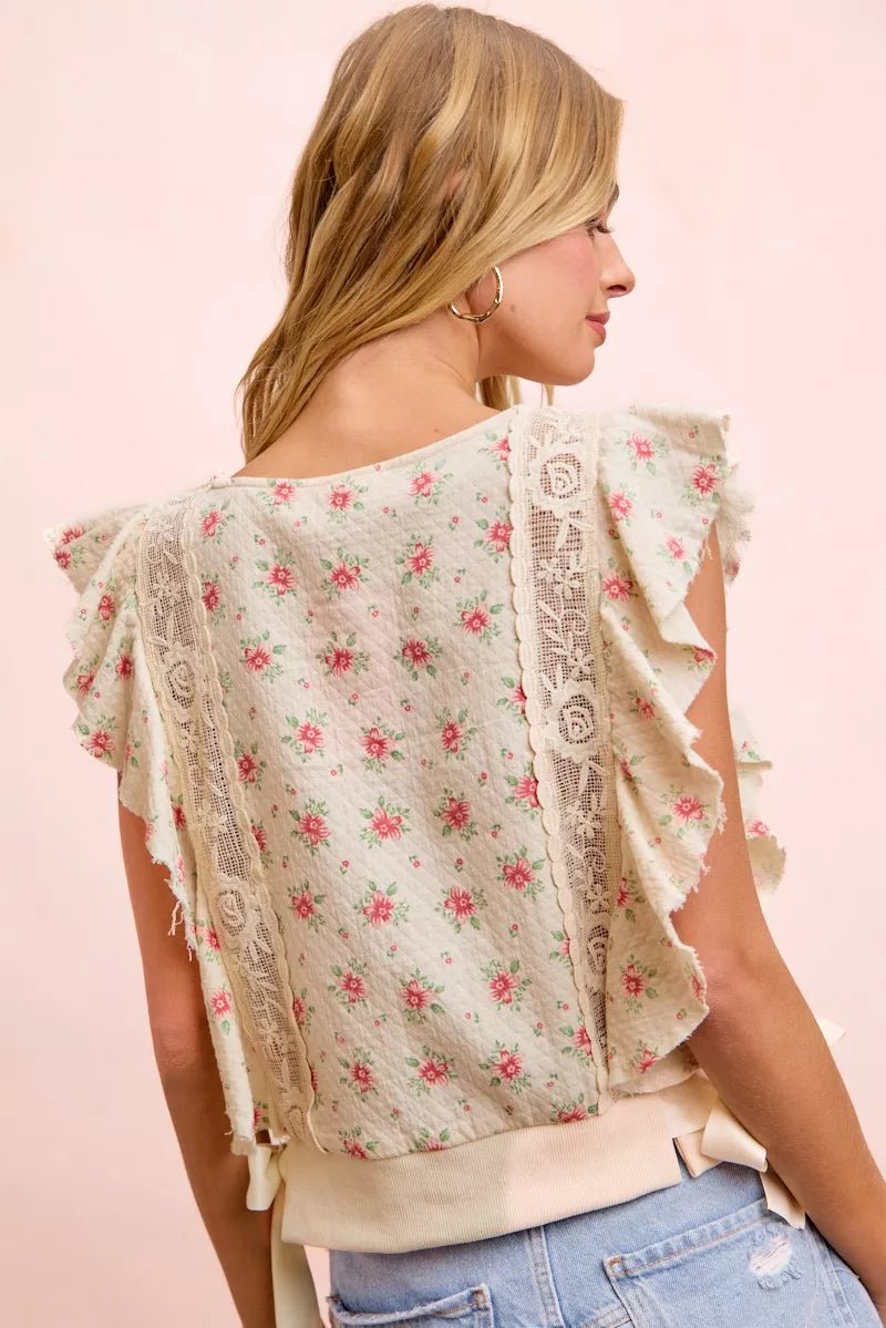 BiBi Flower Printed Ruffle Sleeve Trim Detail Top - Bitsy Gypsy Boutique