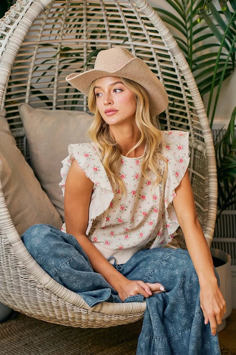 BiBi Flower Printed Ruffle Sleeve Trim Detail Top - Bitsy Gypsy Boutique