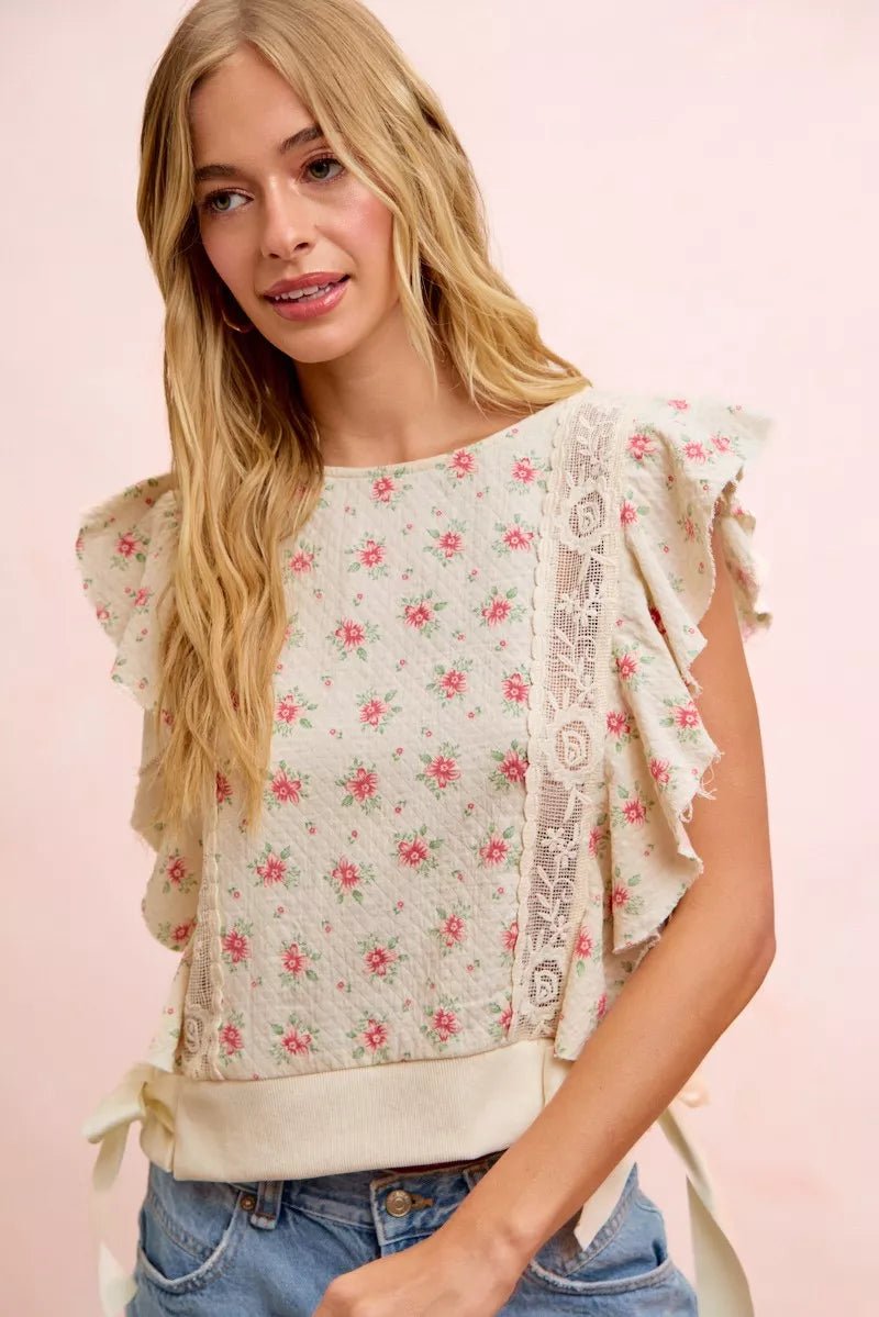 BiBi Flower Printed Ruffle Sleeve Trim Detail Top - Bitsy Gypsy Boutique