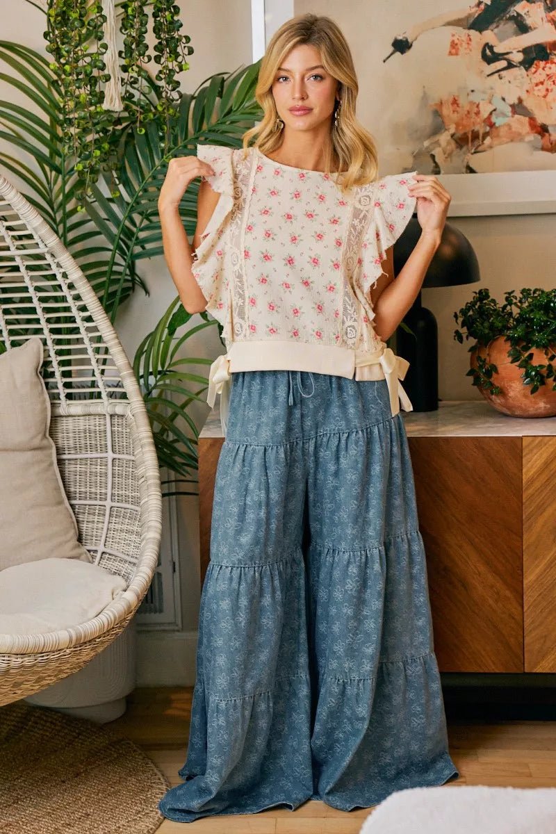 BiBi Flower Printed Ruffle Sleeve Trim Detail Top - Bitsy Gypsy Boutique