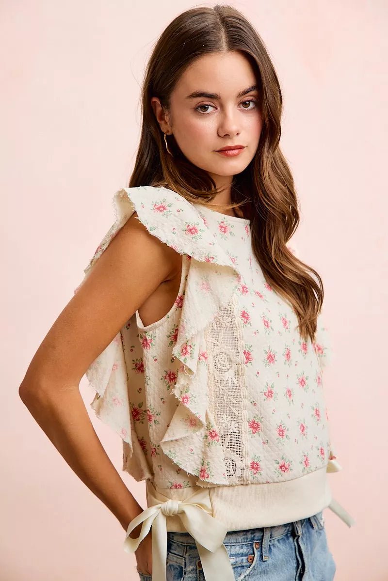 BiBi Flower Printed Ruffle Sleeve Trim Detail Top - Bitsy Gypsy Boutique