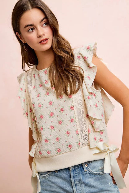BiBi Flower Printed Ruffle Sleeve Trim Detail Top - Bitsy Gypsy Boutique