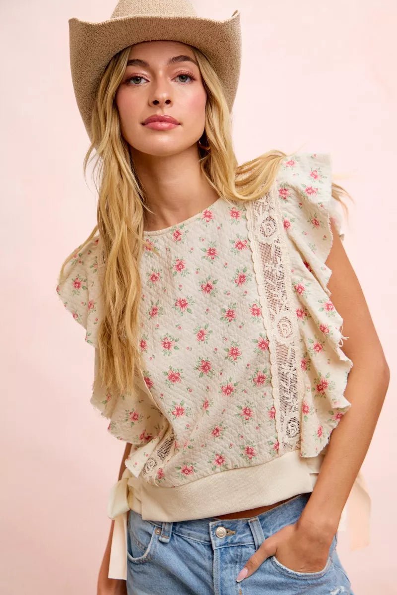 BiBi Flower Printed Ruffle Sleeve Trim Detail Top - Bitsy Gypsy Boutique