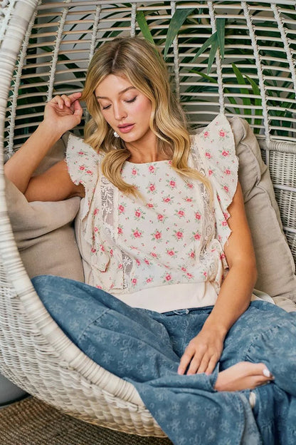 BiBi Flower Printed Ruffle Sleeve Trim Detail Top - Bitsy Gypsy Boutique