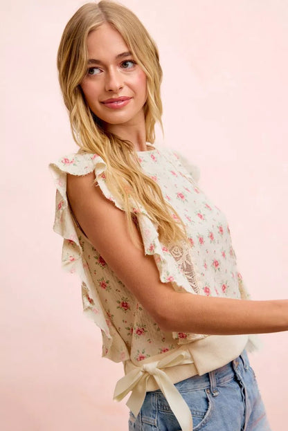 BiBi Flower Printed Ruffle Sleeve Trim Detail Top - Bitsy Gypsy Boutique
